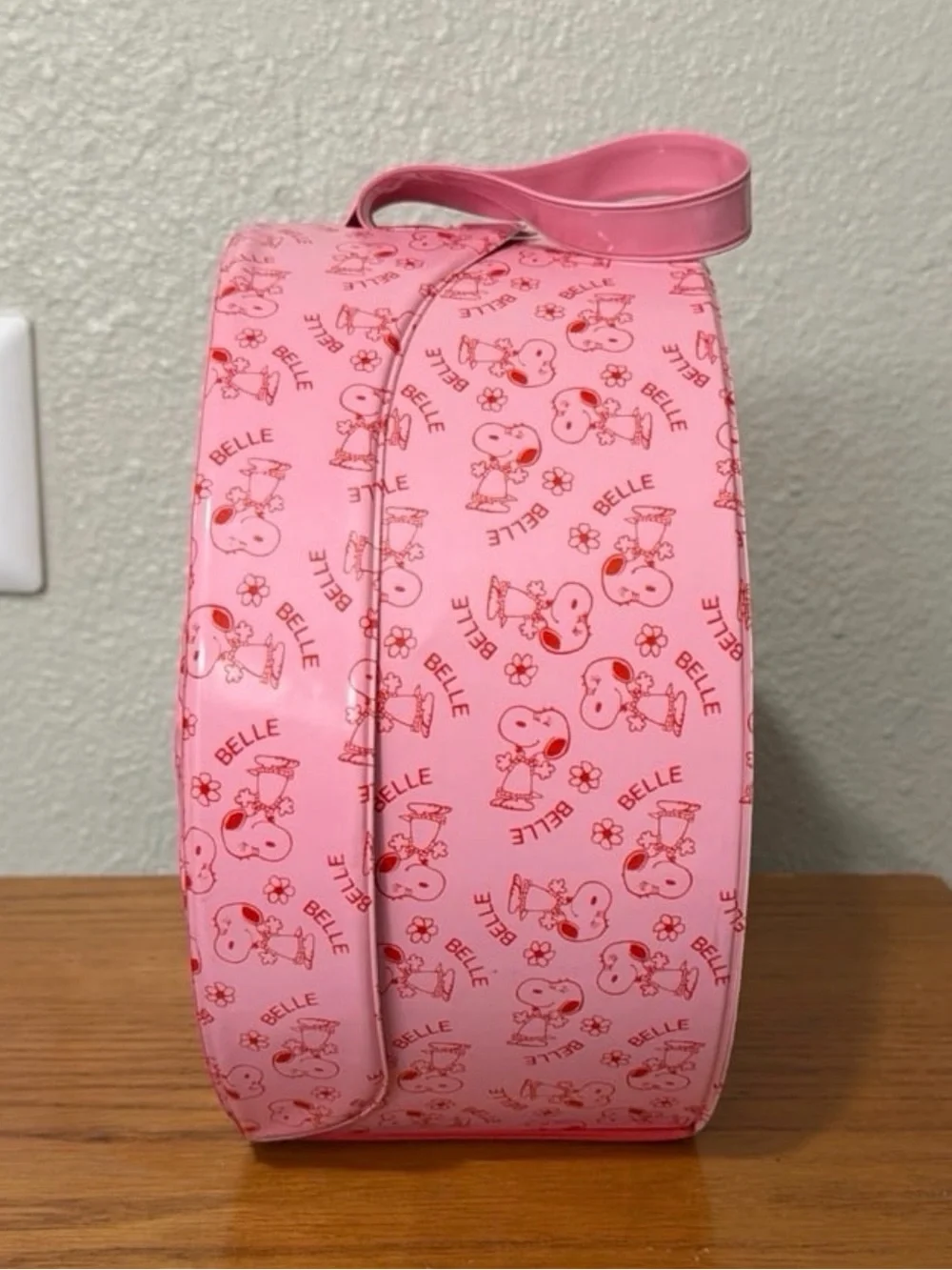 Vintage Peanuts Snoopy Belle Pink and Red Hat Box / Storage Container